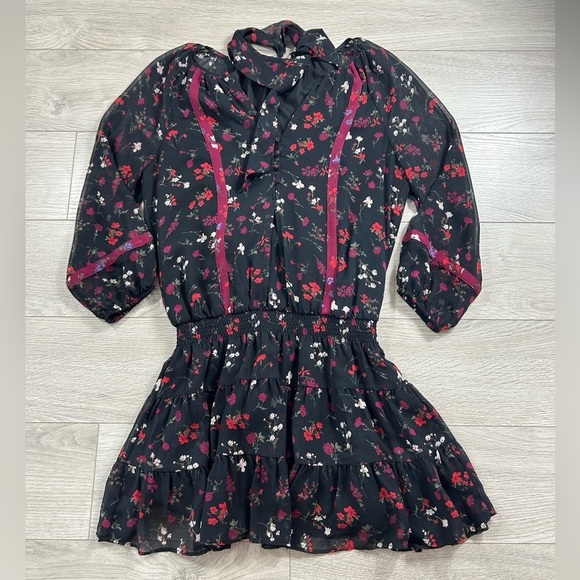 Joie Grover Silk Mini Long Sleeve Dress in Caviar & Dubonnet - Picture 3 of 11